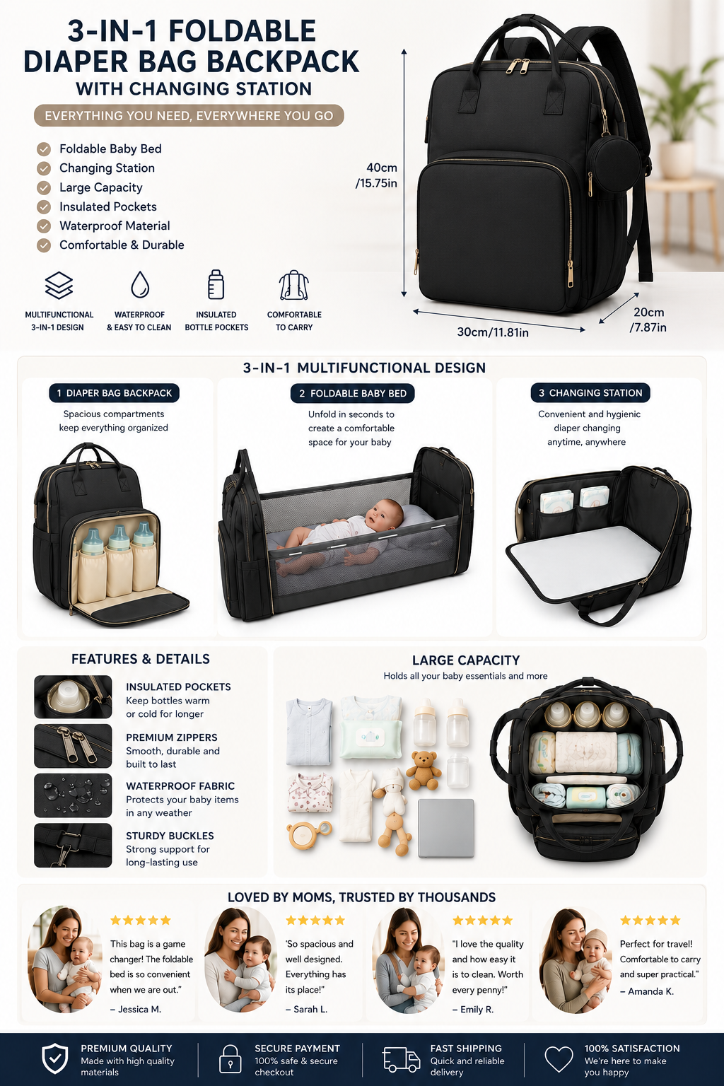 3-in-1 Multifunctional Diaper Bag with Portable Baby Bed